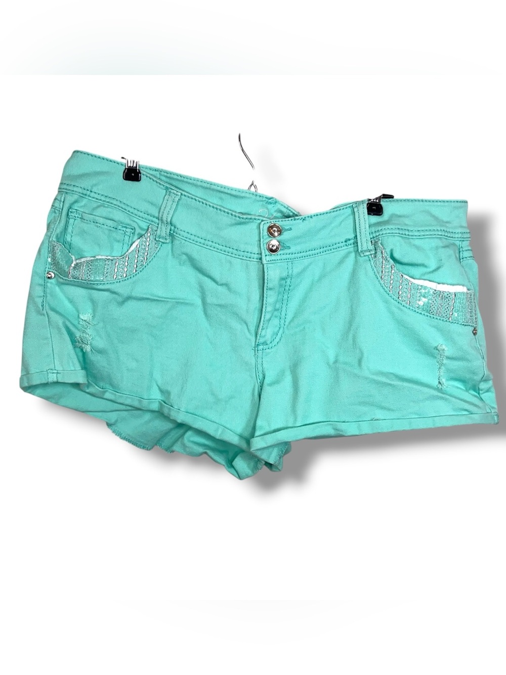 Y2K Era 34 Waist Womens Mint Teal Shorts Sequins Accents Distressed Denim XL